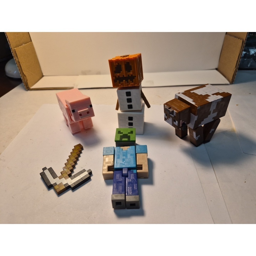Minecraft Figures - 5 Toys- Pig Cow Sword Creeper Thing Marshmallow Pumpkin Head